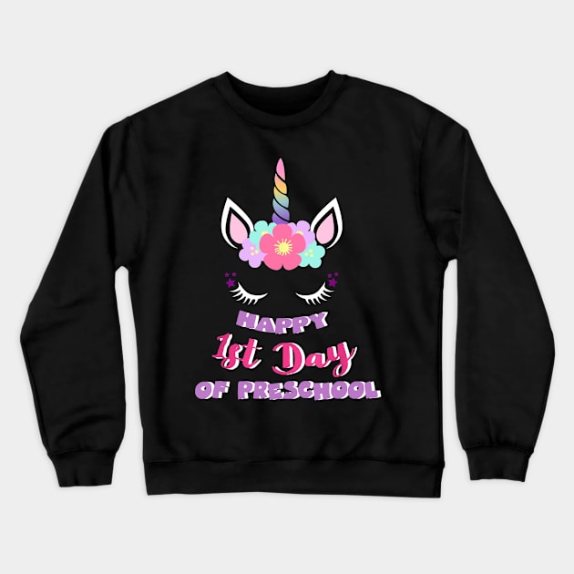 Unicorn Face Happy 1st day of Preschool shirt for Girls Crewneck Sweatshirt by Fowlerbg